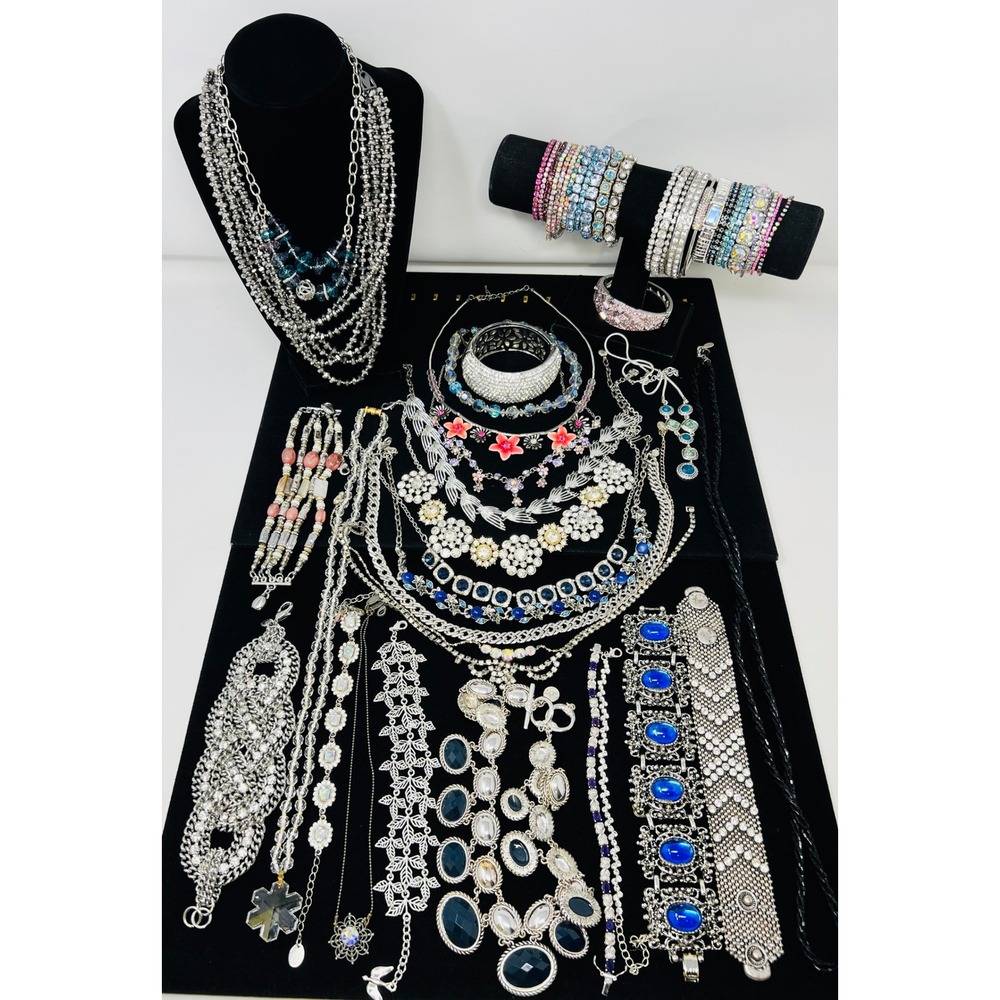 Vintage & Modern Silver Tone & Bling Bold Signed & Unsigned Jewelry Lot of 38